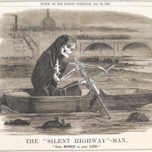 The "silent highway" man. "Your money or your life". 'The figure of death, the grim reaper' rowing a boat on the River Thames, London.